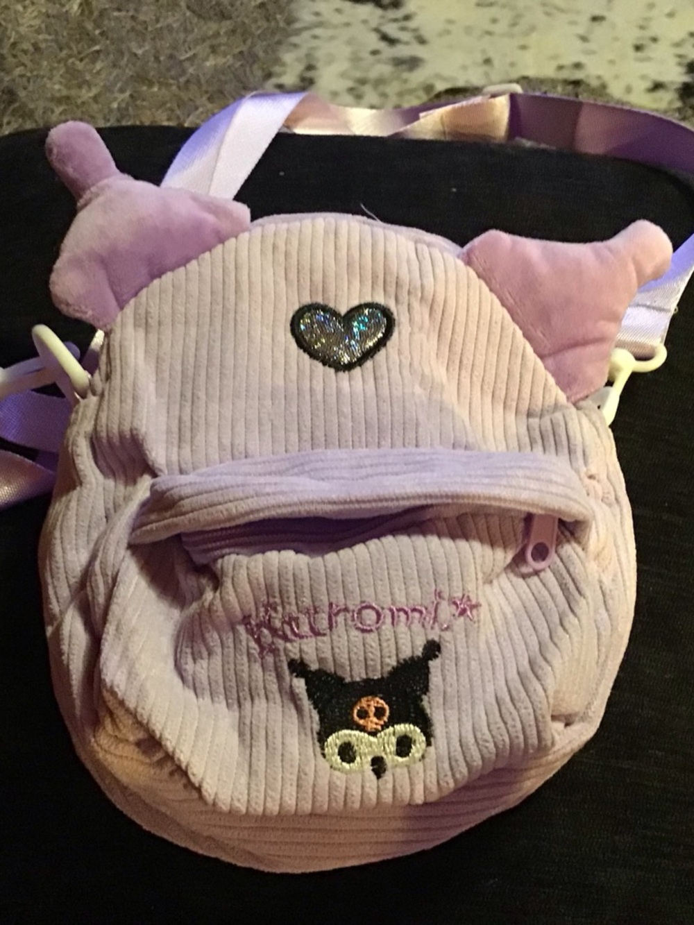 Kids Pink Plush Crossbody Bag with kuromi Embroidery
